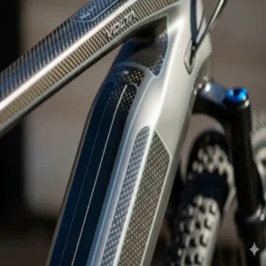 Nahaufnahme des hochmodernen e bike carbon leichtgewicht Rahmens, der die geringe Masse ermöglicht.