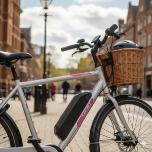 Nahaufnahme eines leichten E-Bikes für Damen, das in der Stadt geparkt ist und seinen schlanken Rahmen sowie den integrierten Akku zeigt, ideal für den städtischen Gebrauch.