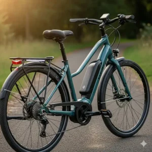 Nahaufnahme eines E Bike Trekking Damen, das seinen tiefen Einstieg und das integrierte Batteriedesign hervorhebt.