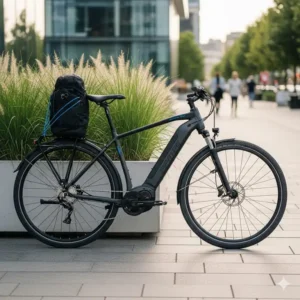 Ein E Bike Trekking Herren geparkt in einer städtischen Umgebung.