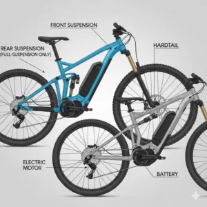Eine Illustration, die den Unterschied zwischen Full-Suspension und Hardtail-Rahmen beim e bike mountainbike test 2025 erklärt.