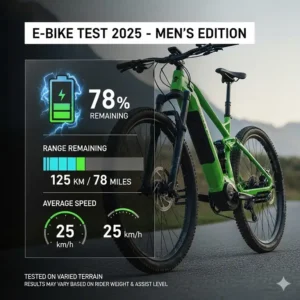 Eine Grafik, die die Akkulaufzeit und Reichweite eines E-Bikes zeigt, ein entscheidender Aspekt, der in einem e bike herren 2025 test behandelt wird.