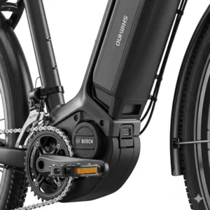 Nahaufnahme der wesentlichen Komponenten eines E Bike Trekking Herren.
