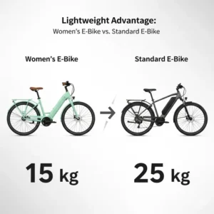  Eine Infografik, die das leichte Gewicht eines Damen-E-Bikes im Vergleich zu einem Standard-E-Bike veranschaulicht und den numerischen Unterschied in Kilogramm zeigt.