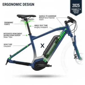 Eine Illustration, die das ergonomische Rahmendesign eines Herren-E-Bikes hervorhebt, das 2025 auf Komfort und Haltbarkeit getestet wurde. 