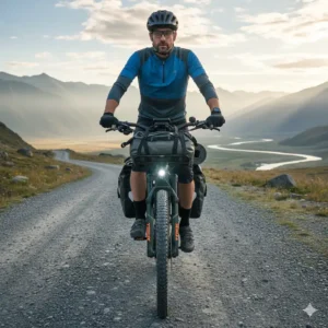 Frontansicht eines Mannes auf einem E Bike Trekking Herren.

