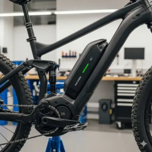 Nahaufnahme eines großen, integrierten Akkus, der die maximale Reichweite im e bike mountainbike test 2025 beeinflusst.
