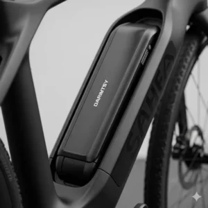  Detail des Akkus eines leichten E-Bikes für Damen, mit Fokus auf seine kompakte Größe und die nahtlose Integration in den Rahmen, was zum geringen Gewicht des Fahrrads beiträgt.