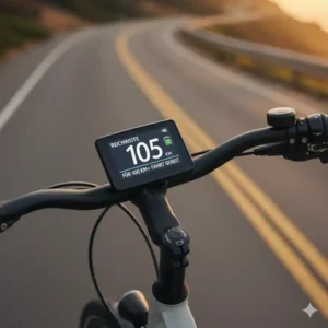 Display des e bikes zeigt die verbleibende akku reichweite von über 100 km an.