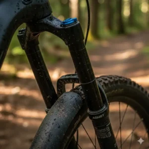 Nahaufnahme der Federung eines E-Bikes, die ihre Leistung in einem e bike herren 2025 test auf verschiedenen Terrains demonstriert.
