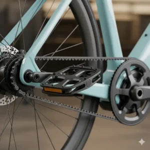 Eine Nahaufnahme der Pedale und der Hinterradnabe eines leichten E-Bikes für Damen, die das saubere, minimalistische Aussehen des Antriebssystems zeigt. 