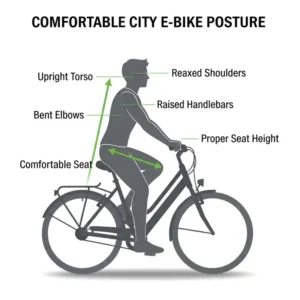 Ein Diagramm, das die aufrechte und bequeme Fahrhaltung auf einem e bike city günstig kaufen zeigt.