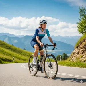 Eine Frau fährt mühelos mit einem leichten E-Bike für Damen bergauf, was demonstriert, wie der kraftvolle und dennoch leichte Motor Steigungen einfach zu bewältigen macht.