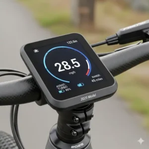 Foto des Lenkerdisplays eines modernen E-Bikes, das die digitale Schnittstelle für Geschwindigkeits- und Unterstützungseinstellungen in einem e bike herren 2025 test zeigt.