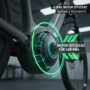 Illustration eines effizienten e bike Motors, der die akku reichweite nahe 100 km optimiert.