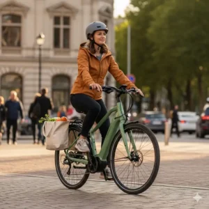 Ein stilvolles E Bike Trekking Damen, das für den komfortablen täglichen Arbeitsweg durch die Stadt genutzt wird.