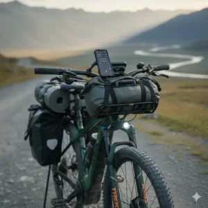 Zubehör für das E Bike Trekking Herren, einschließlich Gepäckträger und Satteltaschen.
