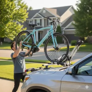  Eine Person hebt mühelos ein leichtes E-Bike für Damen an, um es auf einem Autoständer zu platzieren, was seine Tragbarkeit und sein geringes Gewicht demonstriert.