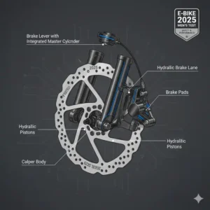 Diagramm, das das leistungsstarke hydraulische Bremssystem eines E-Bikes detailliert, das für Sicherheit und Leistung in einem e bike herren 2025 test unerlässlich ist.