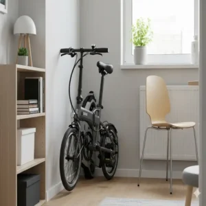 Platzsparendes Verstauen des e bike klapprad faltbar in einer kleinen Wohnung.