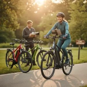 Eine Person testet verschiedene Modelle, um das bestes e bike bis 2000 euro zu finden.
