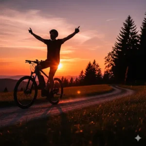 Silhouette eines Mannes auf einem E Bike Trekking Herren bei Sonnenuntergang.