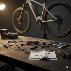 E Bike Motor Tuning Kit ausgebreitet mit Installationsanleitung und Werkzeug.
