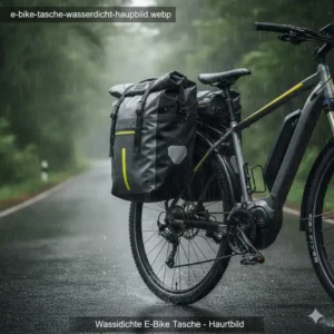 E bike tasche wasserdicht – Hauptbild, zeigt eine befestigte Tasche auf einem E-Bike im Regen.