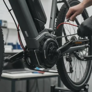 Nahaufnahme des Bafang Mittelmotors am E-Bike, bereit für den e bike motor bafang test.