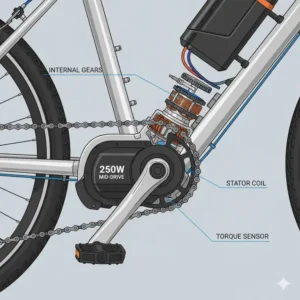 Nahaufnahme eines e bike motor 250 watt Mittelmotors am Tretlager/Kurbel