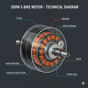Technisches Diagramm eines E-Bike Motors 500 Watt, das interne Komponenten wie Stator, Rotor und Planetengetriebe für Bildungszwecke zeigt.