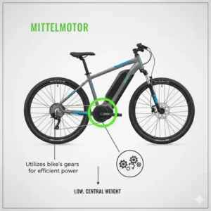 Detailaufnahme: Ein e bike motor mittelmotor zentral am Tretlager des Fahrrads montiert.
