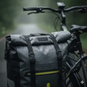 E bike tasche wasserdicht – Detailaufnahme des Rollverschlusses für maximale Dichtigkeit.
