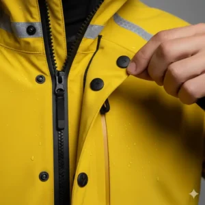 Nahaufnahme einer e bike regenbekleidung Jacke mit versiegelten Nähten und wasserdichten Reißverschlüssen.