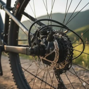 Nahaufnahme eines E-Bike Motors 500 Watt als Hinterradnabenmotor, der die Anschlussstellen und Verkabelung für eine einfache Installation hervorhebt.