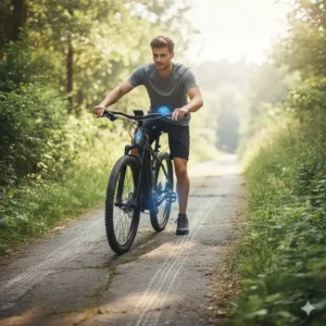 Radfahrer, der sein E-Bike mit der e bike motor schiebehilfe mühelos einen steilen Anstieg hochführt.