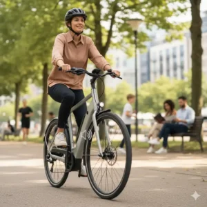 Frau pendelt leise und entspannt mit dem e bike motor leise.