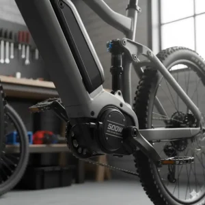Detaillierte Aufnahme eines E-Bike Motors 500 Watt als Mittelmotor, der in der Nähe der Tretkurbel montiert ist und seine zentrale Position für bessere Balance illustriert.