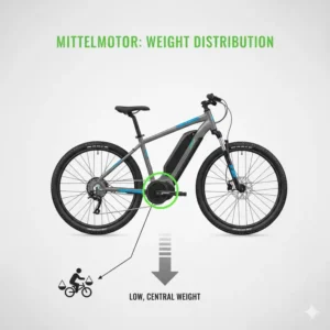 Schematische Darstellung: Niedrige und zentrale Gewichtsverteilung beim e bike motor mittelmotor.