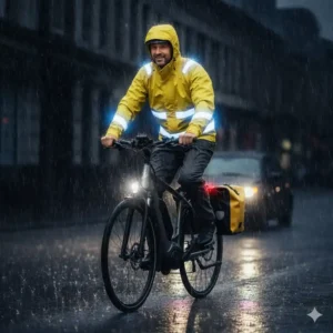 Hohe Sichtbarkeit: Eine reflektierende e bike regenbekleidung Jacke schützt den Radfahrer bei schlechtem Wetter.