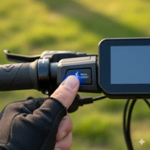 Detailansicht der Taste zur Aktivierung der e bike motor schiebehilfe am Lenker.