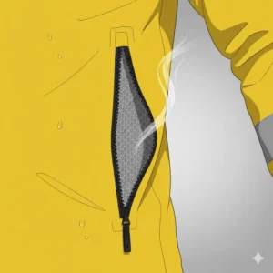 Detail des Belüftungssystems an der e bike regenbekleidung zur optimalen Temperaturregulierung.