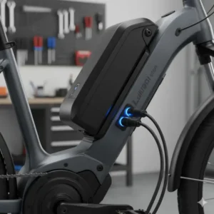 Eine Lithium-Ionen-E-Bike-Batterie, die an einen E-Bike Motor 500 Watt angeschlossen ist und die Stromquelle für die elektrische Unterstützung betont.