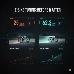 Vergleich der Geschwindigkeitsbegrenzung vor und nach der Anwendung des E-Bike Motor Tuning Kit.