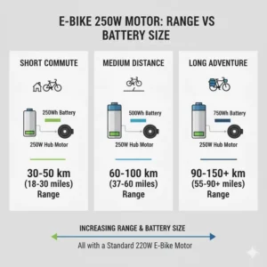 Infografik zur Reichweitenberechnung mit e bike motor 250 watt und Akkugrößen