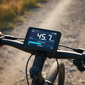 Digitale Anzeigeeinheit, die die Geschwindigkeit und Leistungsabgabe eines E-Bike Motors 500 Watt während des Betriebs zeigt.