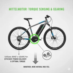 Illustration: Funktionsweise des e bike motor mittelmotor in Verbindung mit der Kettenschaltung zur Nutzung der Gänge.