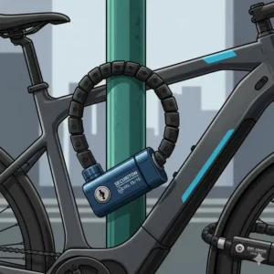 Richtig angebrachtes E-Bike-Schloss, das Rahmen und Rad sichert.