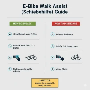 Infografik mit Anweisungen zur sicheren Nutzung der e bike motor schiebehilfe.