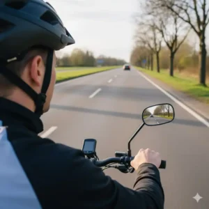 Aktive Nutzung: Der Fahrer blickt in seinen e bike spiegel rückspiegel während der Fahrt.